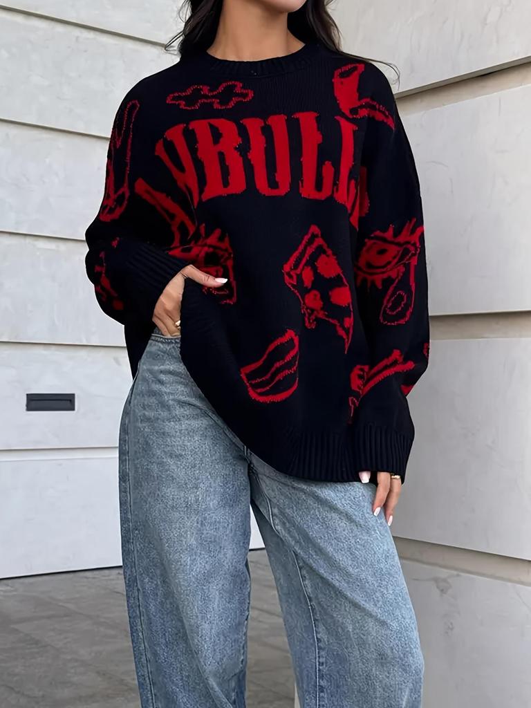 Elegant Cartoon Letter Long Sleeve Knit Sweater - Versatile Casual Street Style