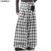 Men Summer Zip-up Waist Plaid Print Casual Long Wide Leg Pants
