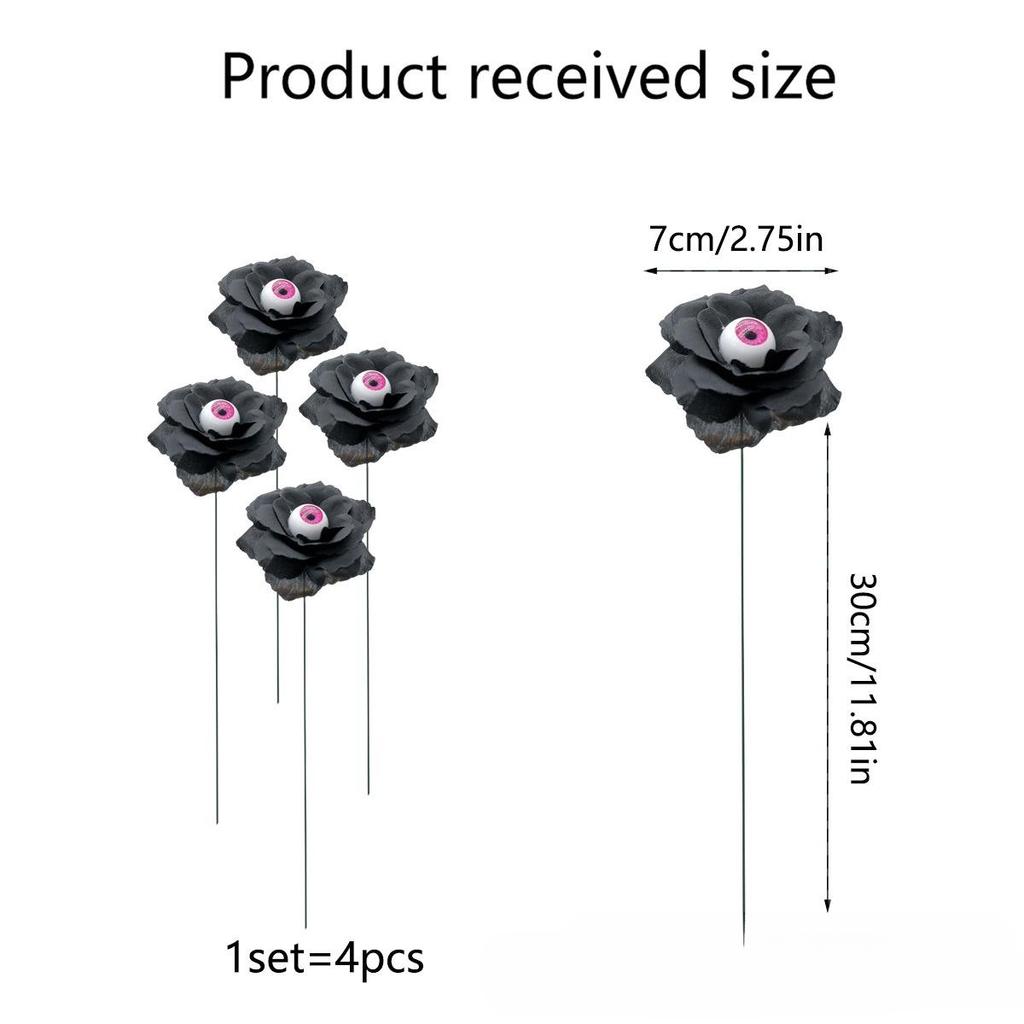 4Pcs/set Halloween Rose Flower Ground Pole Black Rose PVC Simulation Eyeball Flower DIY Garden Courtyard Halloween Decor Gifts