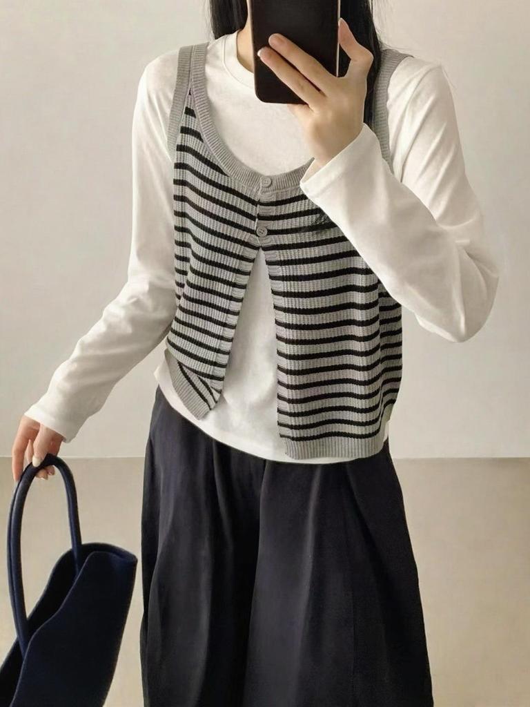 Women's Autumn Layered Korean Stripe Knit Cami & Tee Set