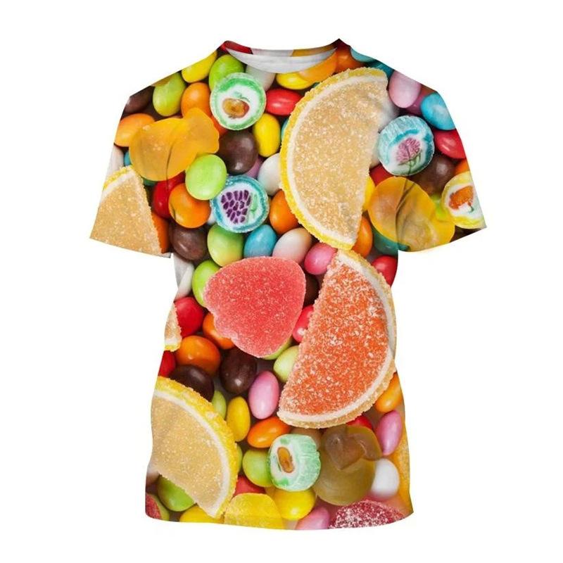 Candy 3D Printed Short Sleeved T-shirt Summer Breathable Polyester Simple Round Neck Top