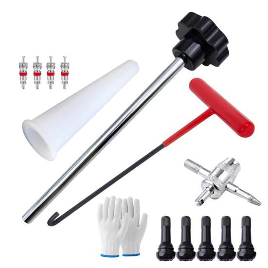 3/13Pcs/Set Quick Change Tire Valve Tool Kit Valve Core 4-Way Valve T-shaped Hook Tapered Positioning Tube Push Rod Gloves Cars Valves Repair
