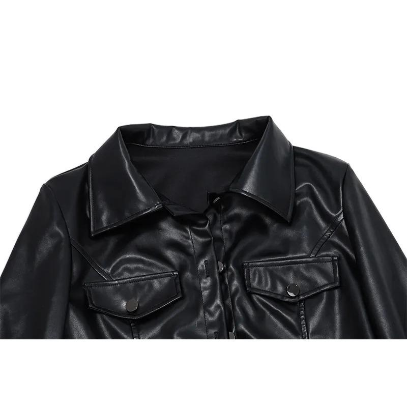 Faux Leather Short Jacket Y2K Turn-down Collar Fashion Botton Decoration PU Coat Grunge Street Casual Coat Sexy Girl Motorcycle Single Breasted Jacket