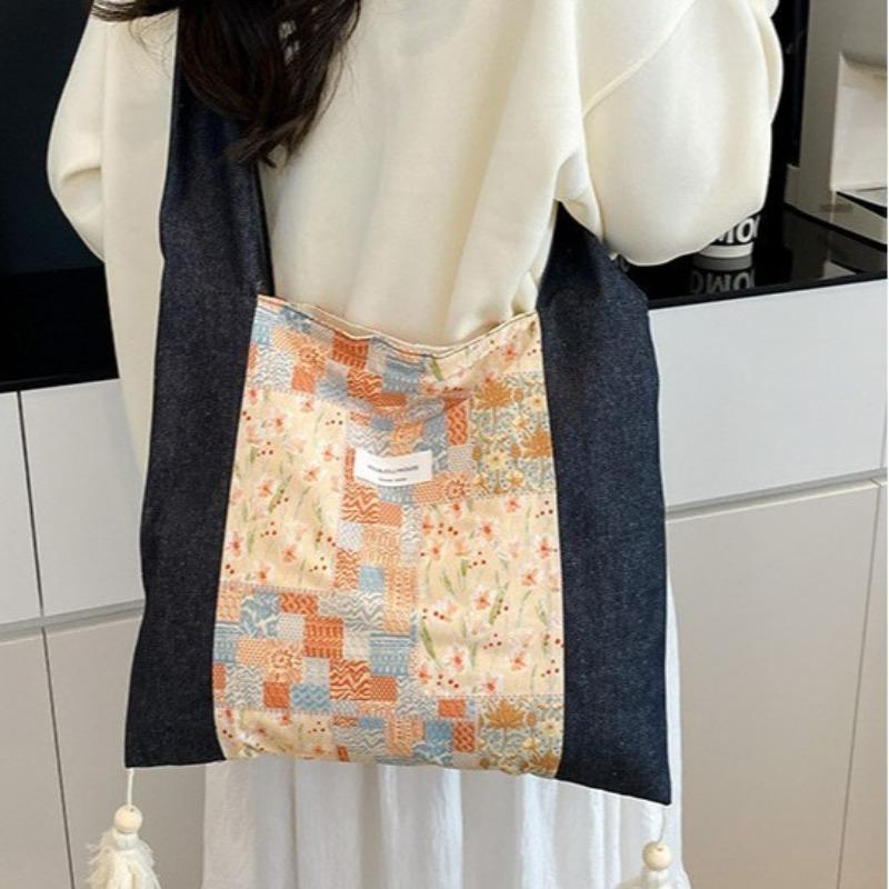 New niche shoulder bag women's versatile denim patchwork strap messenger bag fashion trend large capacity canvas bag