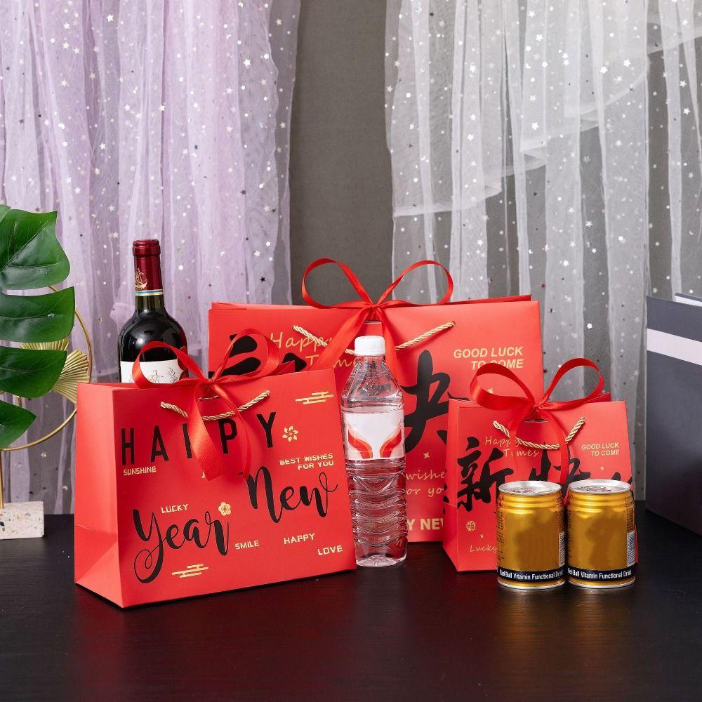 Red Present Wrap Bag Bow Ribbon New Year Gift Bag New Year Decor Gift Packing Bag Holiday Gifting
