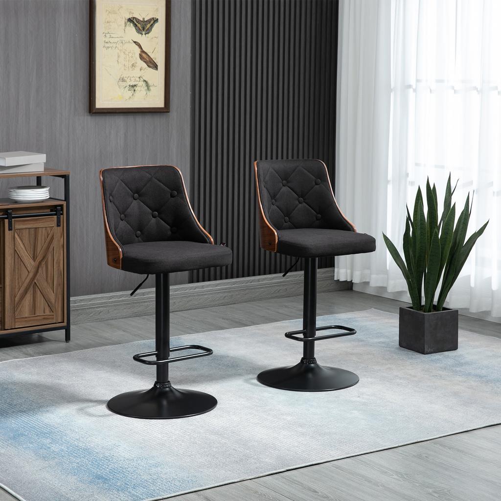 Set of 2 Height-Adjustable Bar Stools 360 Degrees Swivel with Footrest, Tufted Fabric