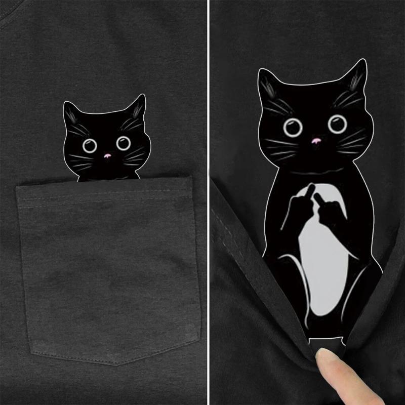 Tier Baumwolle T-Shirts Cartoon Schwarze Katze Doppel Mittelfinger Tasche T-shirt Herren Kurzarm T-Shirts Herren