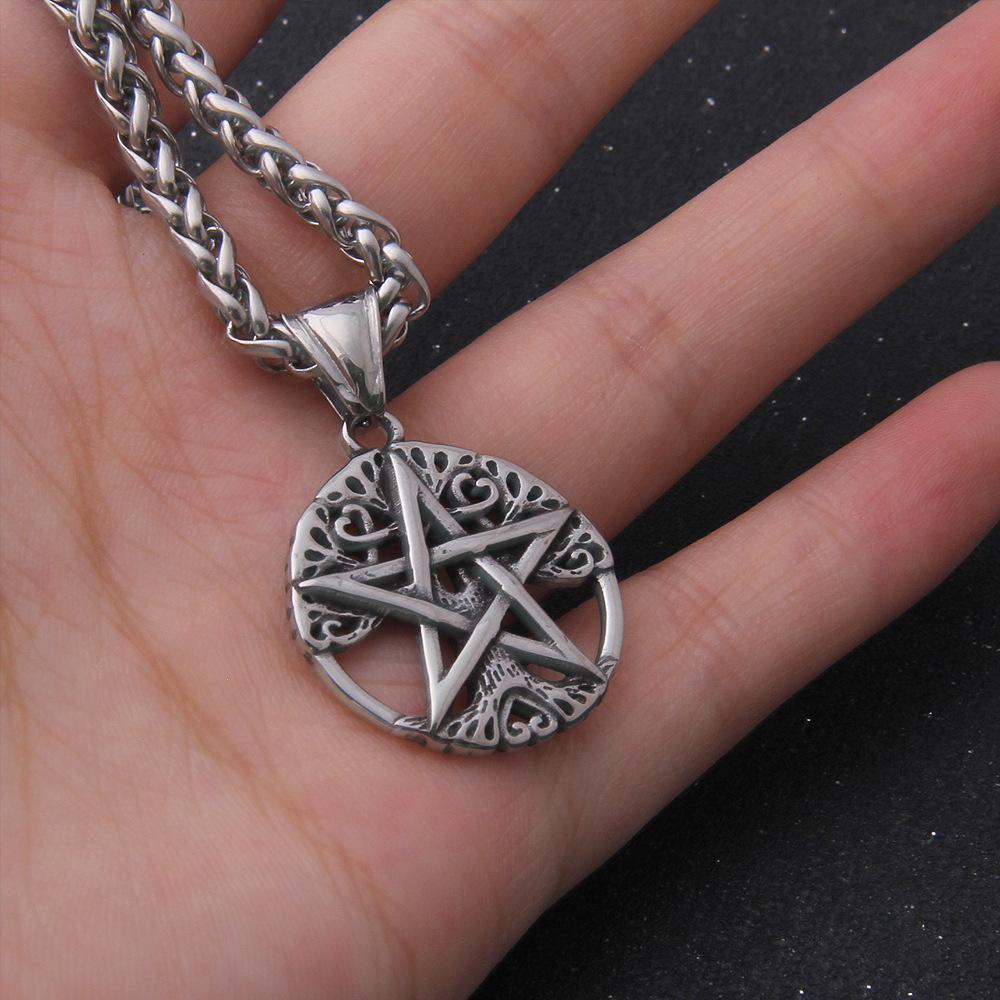 Vintage Viking Tree of Life Pentagram Necklace Stainless Steel Yggdrasil Pentacle Pendant Wiccan Pagan Amulet for Men Women