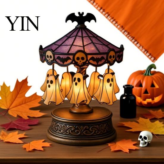Halloween Tabletop Decor Ghost Carousel Light, Night Gothic Stained Glass Shade Vintage Resin with Floating Ghosts/Pumpkins, Spooky Table Lamp