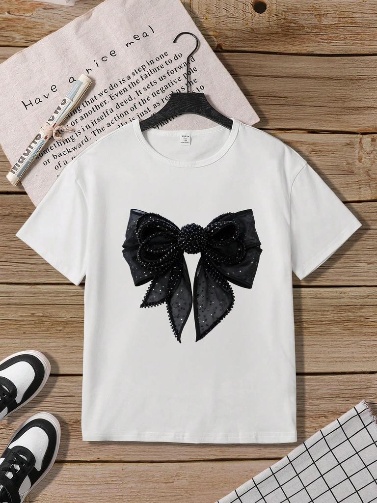 Black Bow Print Round Neck Short Sleeve T-shirt Casual and Versatile Suitable for Summer Girls' Daily Wear