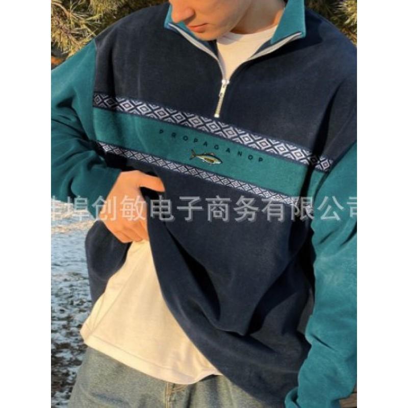 Oversized Vintage Patchwork Zip-Up Hoodie Mens Casual Streetwear Sweatshirt