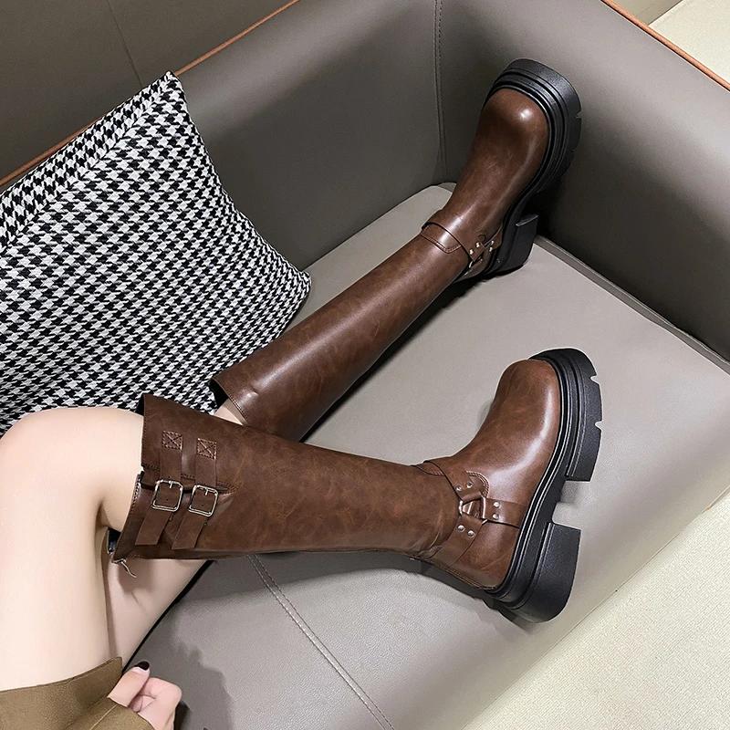 

Мода 2024 Горячие продажи Зимние Высококачественные Женские Сапоги Однотонные Круглый Носок Средний Каблук Золотая Пряжка Молния Женские Высокие Сапоги 40 коричневый