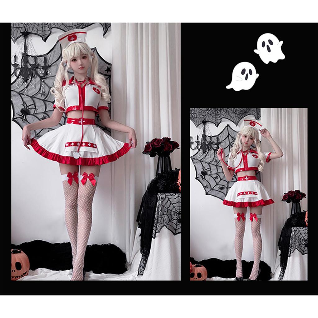 Nurse Halloween Sexy Nurse Costume Cute Nurse Red and White Nurse Mesh Set for Photo and Costume Parties [ChicFlow] Costume, Cosplay, Set, Costume,