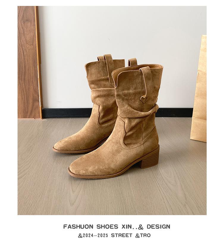 

Retro Western Boots 2025 Autumn and Winter New Round Head Cow Flip Folded Women s Boots Thick Heel Medium Boots Pile Boots Women s Boots 34