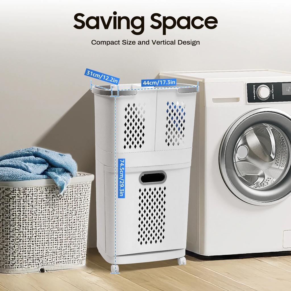 Bymaocar 2 Layers White PP Material Laundry Basket with Wheels Freestanding Multi-function Clothes Basket for Toilets, Bedrooms