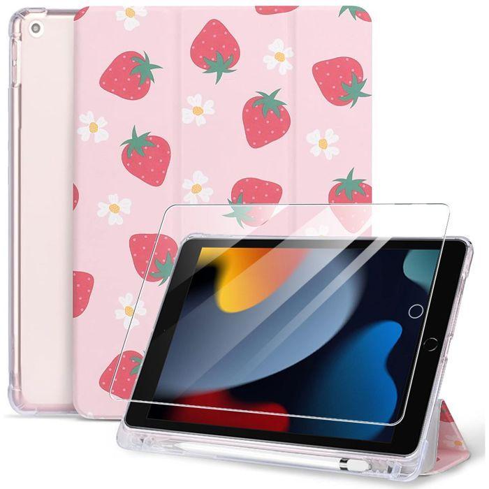 Coque + Verre Trempé - E.F.Connection - pour iPad 10,2" (2019/2020/2021) avec Porte-Stylet - Fraise