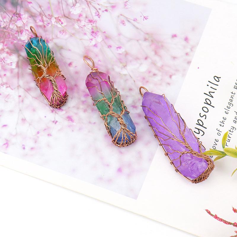 Vintage Hand-Wound Colorful Crystal Stone Necklace, Crystal Pillar Life Tree Necklace N523