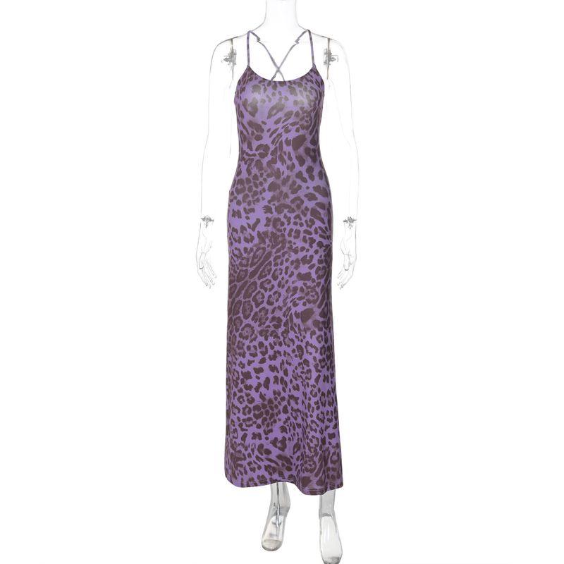 2024 Classy Sexy Purple Leopard Print Suspender Dress for Women Retro American Street Dress Trendy