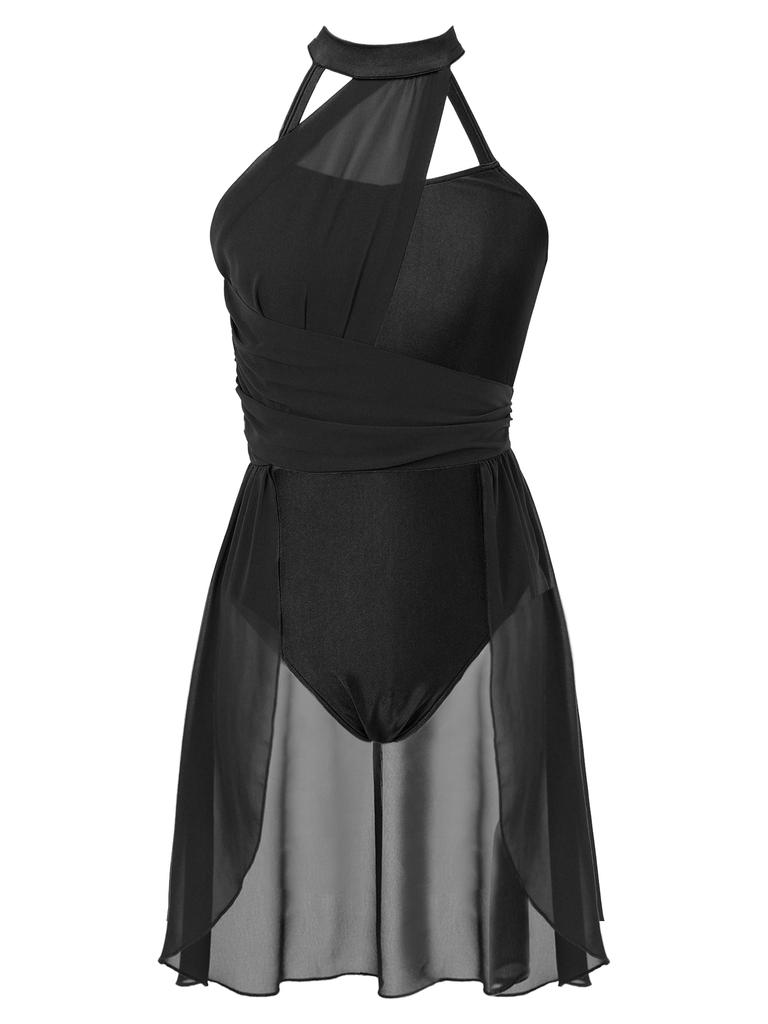 Womens Lyrical Dance Dress Ruched Chiffon Design Strappy Back Detail Sleeveless Leotard Performance Wear