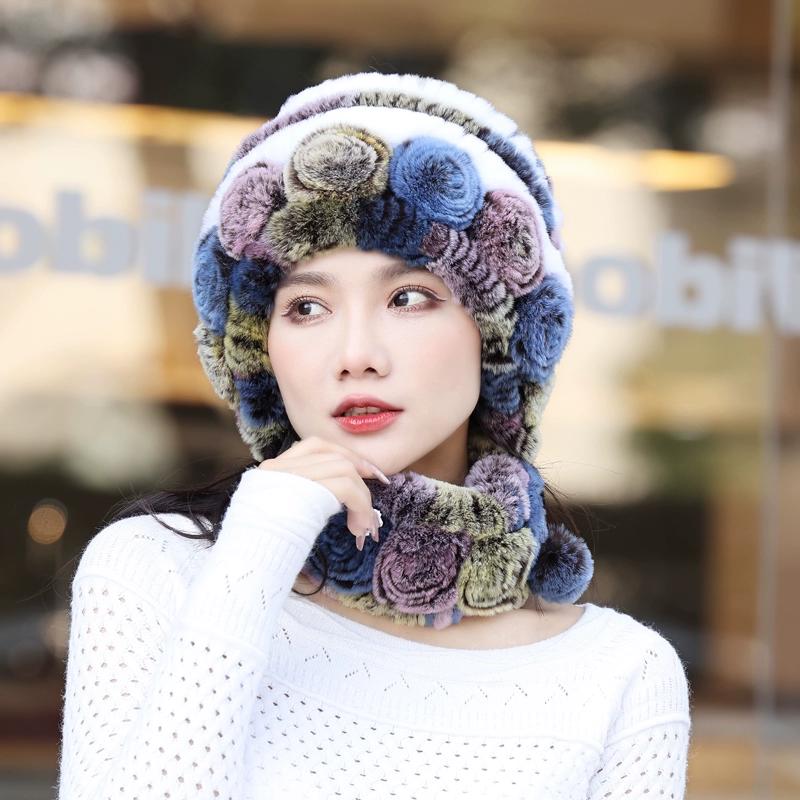 Rex Rabbit Hair Hat Scarf Two-piece Set Women's Winter In The Elderly Mother Grandma Winter Fur Scarf Cover