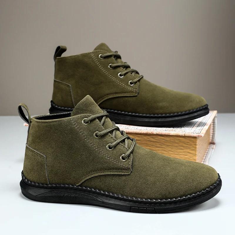 High Top Casual Board Shoes Men's Lace Up Suede Flat Bottom Short Boots Men's Chelsea Boots High-quality Brand Denim Boots Black