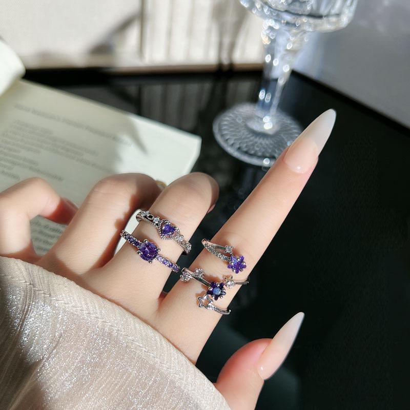 Star Heart Purple Diamond Open Ring - Cold Aesthetic Korean Style for Women, Gentle Skin-Brightening, Simple Stacking, Best Friend Jewelry