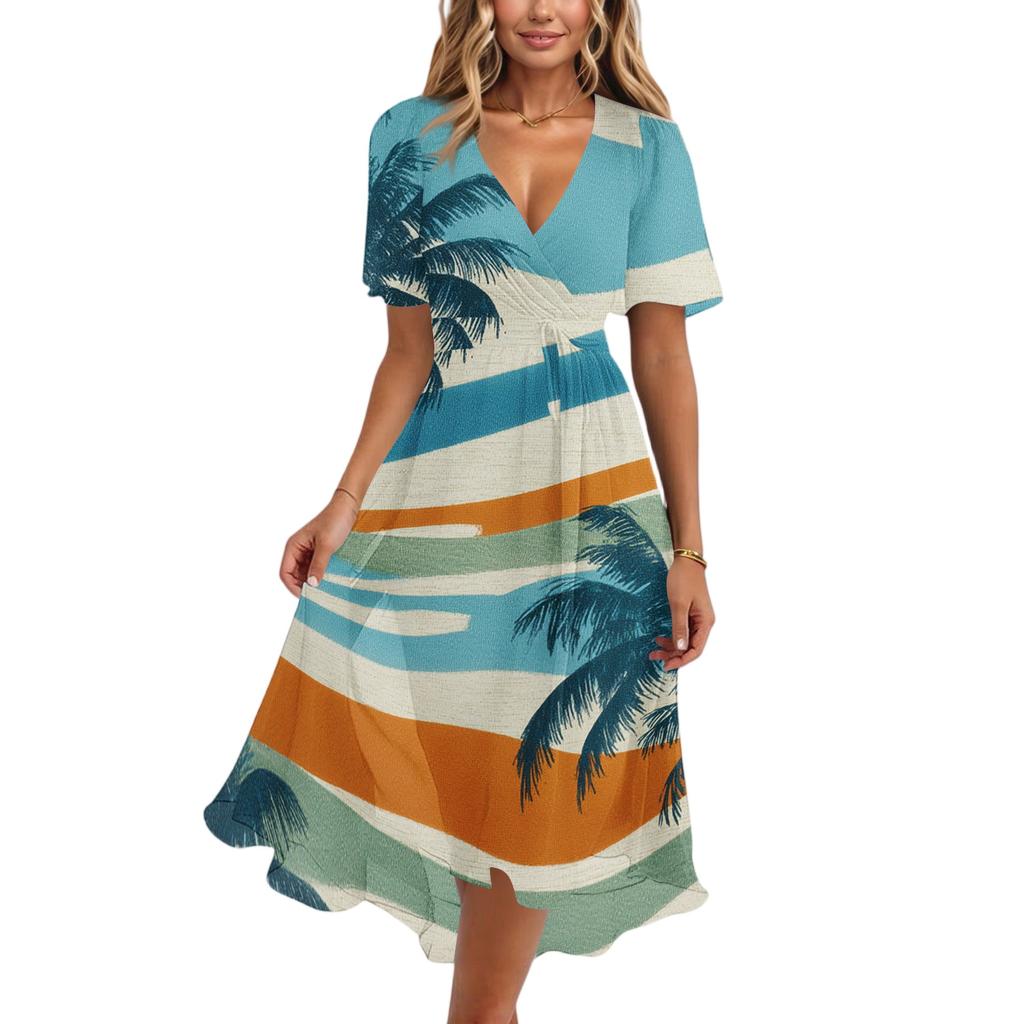 Women's Casual V Neck Short Sleeve Hawaiian Print Dress Summer Beach Midi Dress with Relaxed Fit and Lightweight Fabric for Daily Wear