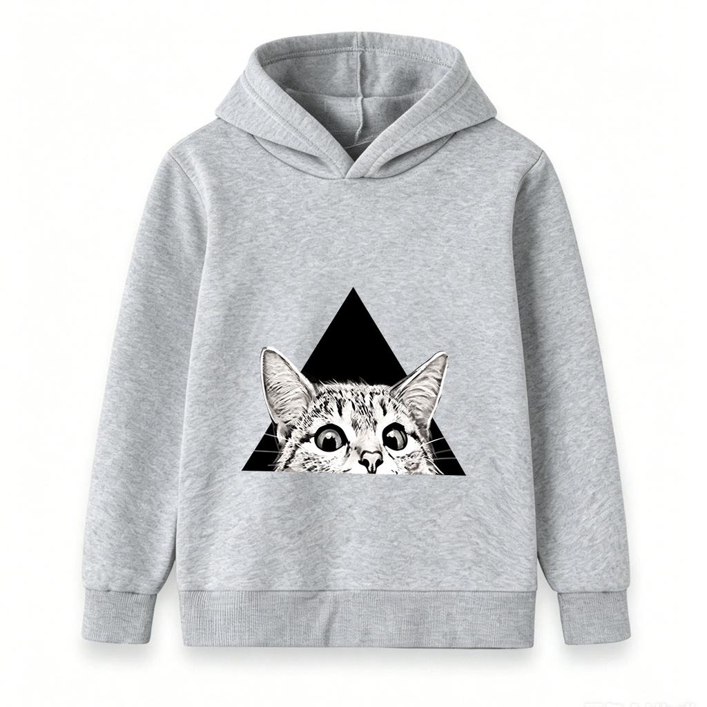 Kids Boys Girls Hooded Sweatshirt, Funny Peeking Cat Triangle Graphic Casual Pullover Hoodie, Soft Long Sleeve Streetwear for Children