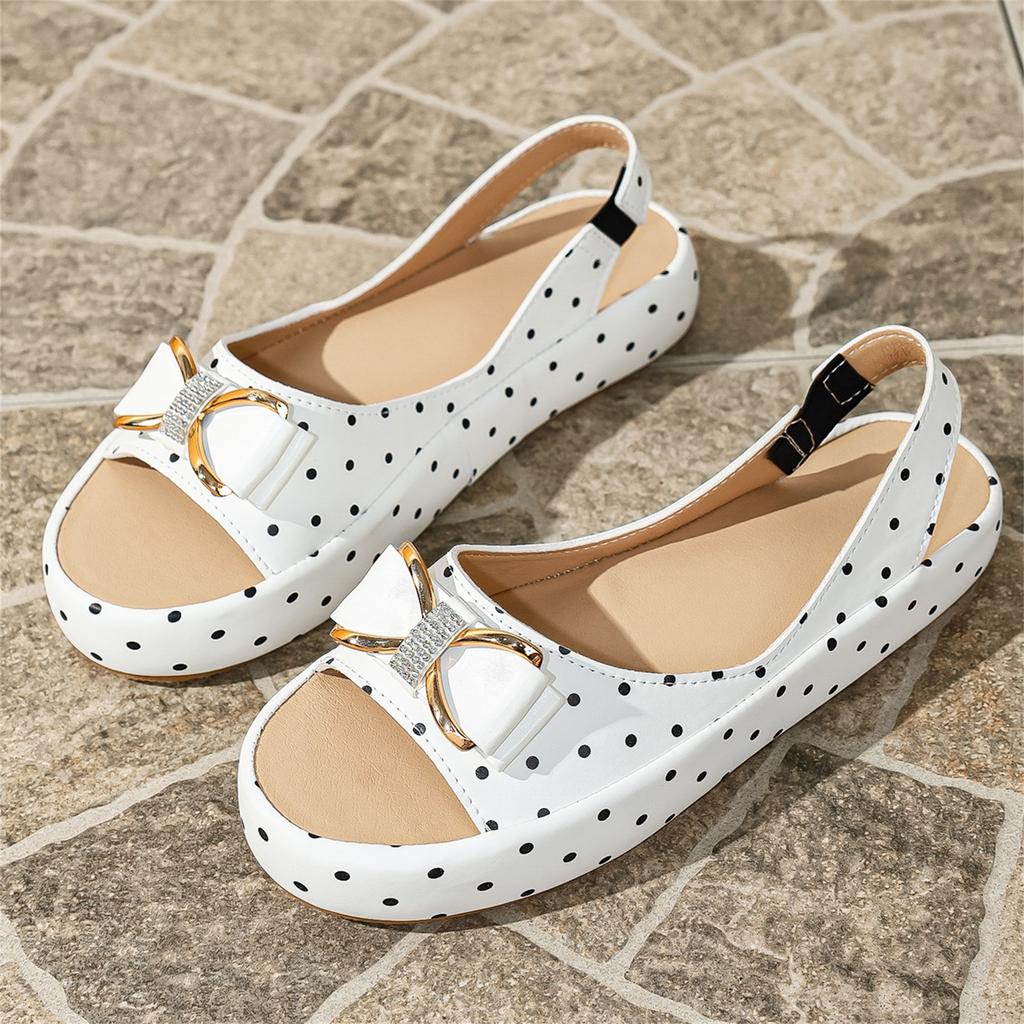 Women Plus Size Casual Open Toe Sandals with Bowknot Decoration Polka Dot Pattern Comfortable Slingback Flat Shoes for Everyday Wear