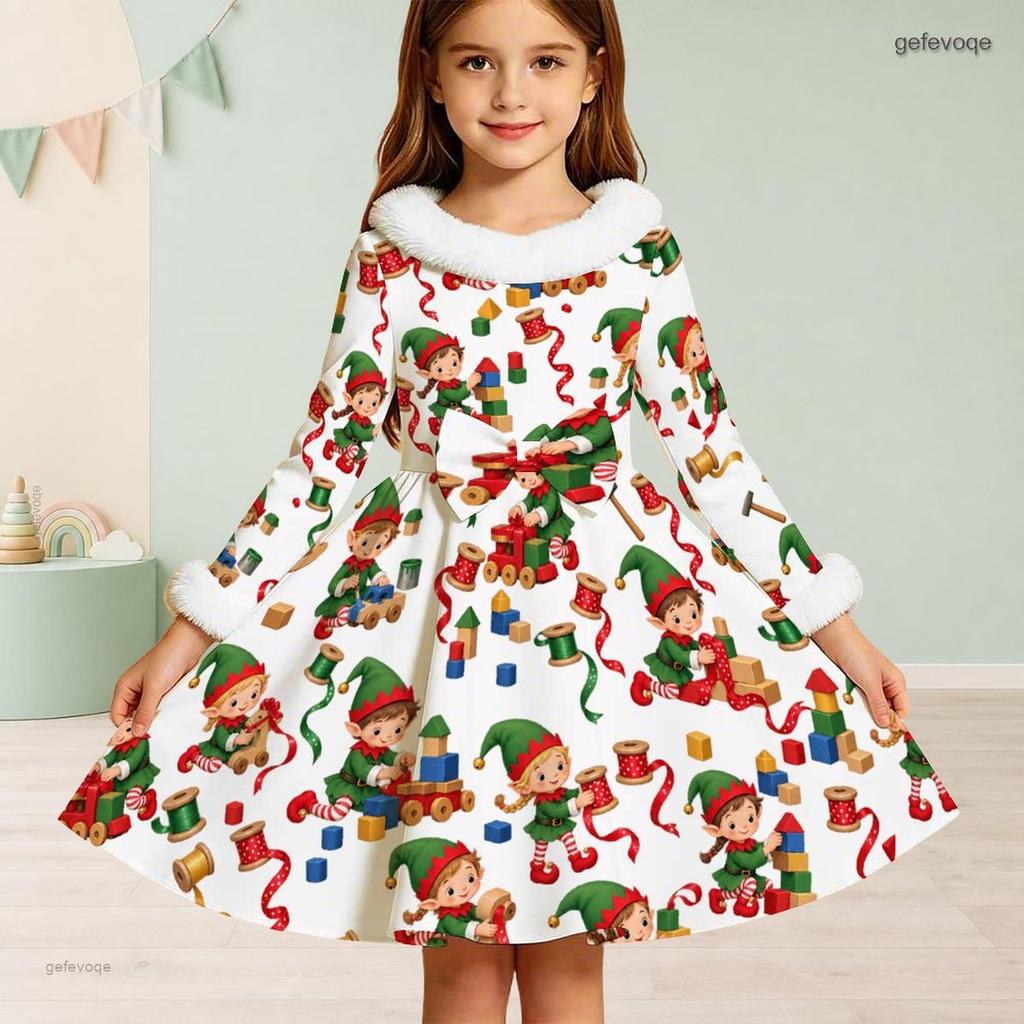 Kids Long Sleeve Christmas Dress, Fall Maple Leaf Print Faux Fur Collar Bow Decor Princess Dresses for Girl Holiday Party Wear