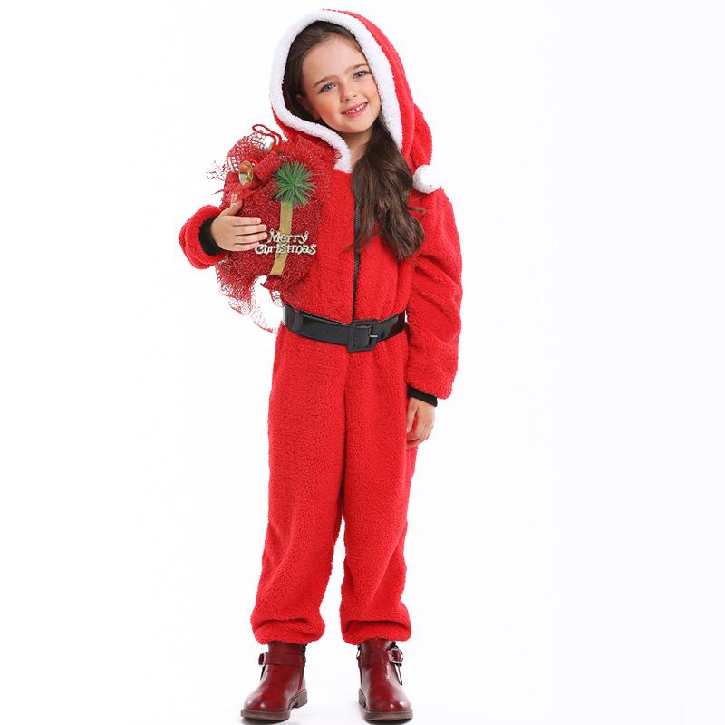 Kids Girls Christmas Xmas Red Elf Velvet Hooded Jumpsuit Belt Set Children Santa Claus Halloween Role Play Dress Up Cosplay Costume