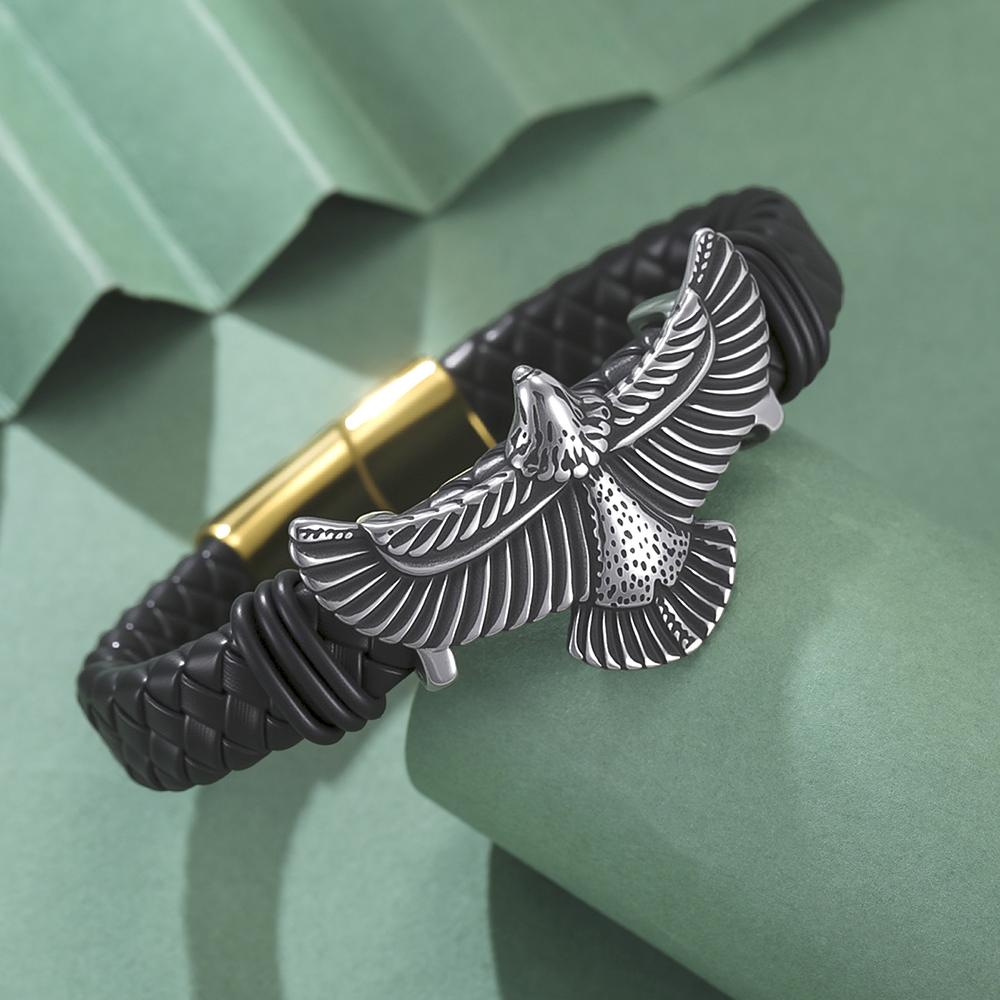 Dawapara Punk Flying Eagle Owl Bangle Bracelet 20cm Black Leather Wristband for Men Stainless Steel Jewelry