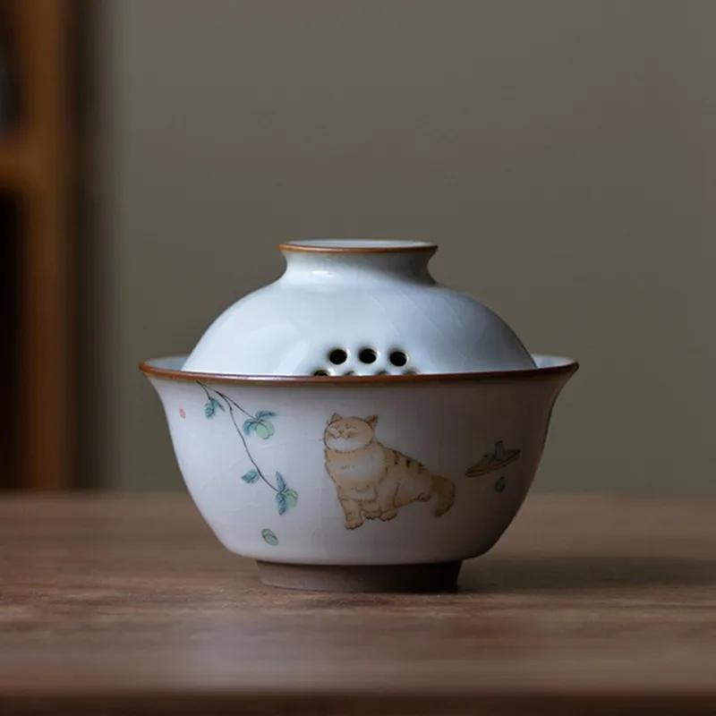 Retro Ru Kiln Ceramic Gaiwan Cute Cat Pattern Filter Teacup Travel Portable Tea Bowl Chinese Handmade Home Tea Set 100ml