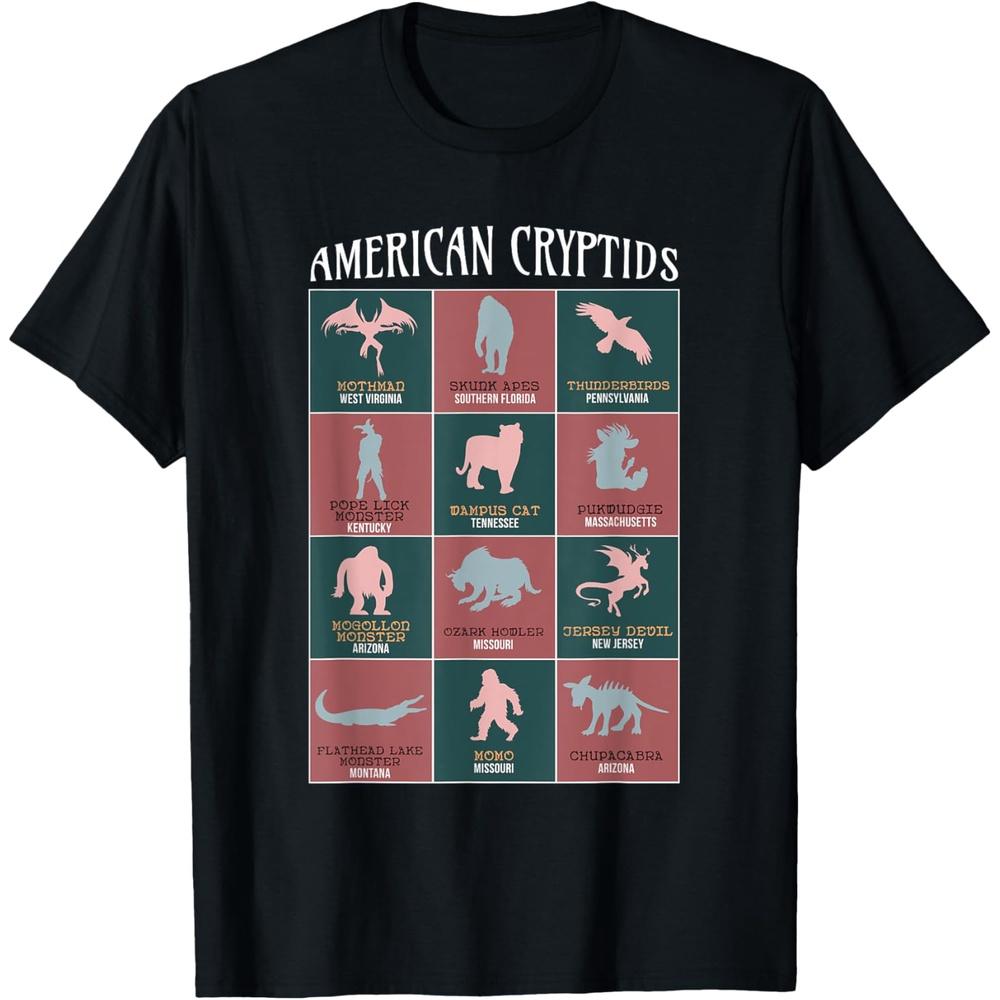 Skunk Apes Bigfoot Mothman Folklore Map American Cryptids T-Shirt XXL