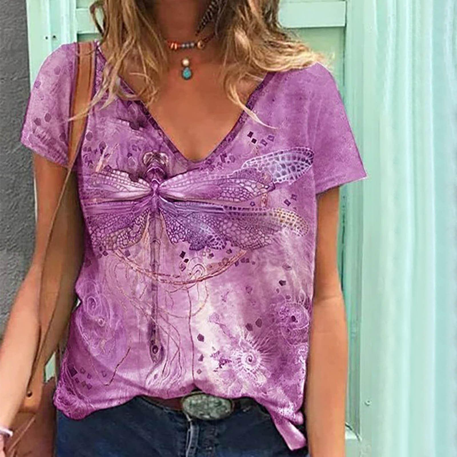 

2023 Летняя женская повседневная свободная футболка с v-образным вырезом и принтом стрекозы с короткими рукавами S