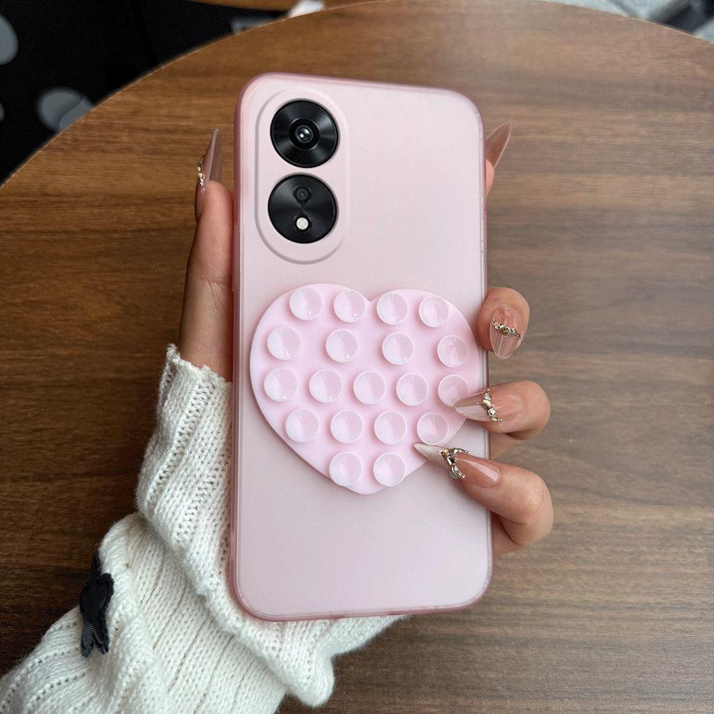 Heart Shape Suction Cup Phone Case for OPPO A38 4G,A18 4G Semi Transparent Matte Shockproof Soft TPU Cover