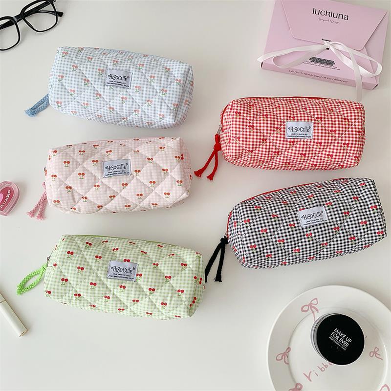 Cute Cherry Plaid Large Capacity Pencil Case Student Stationery Bag Ladies Cosmetic Bags Portable Clutch Purse Storage Bag Gifts