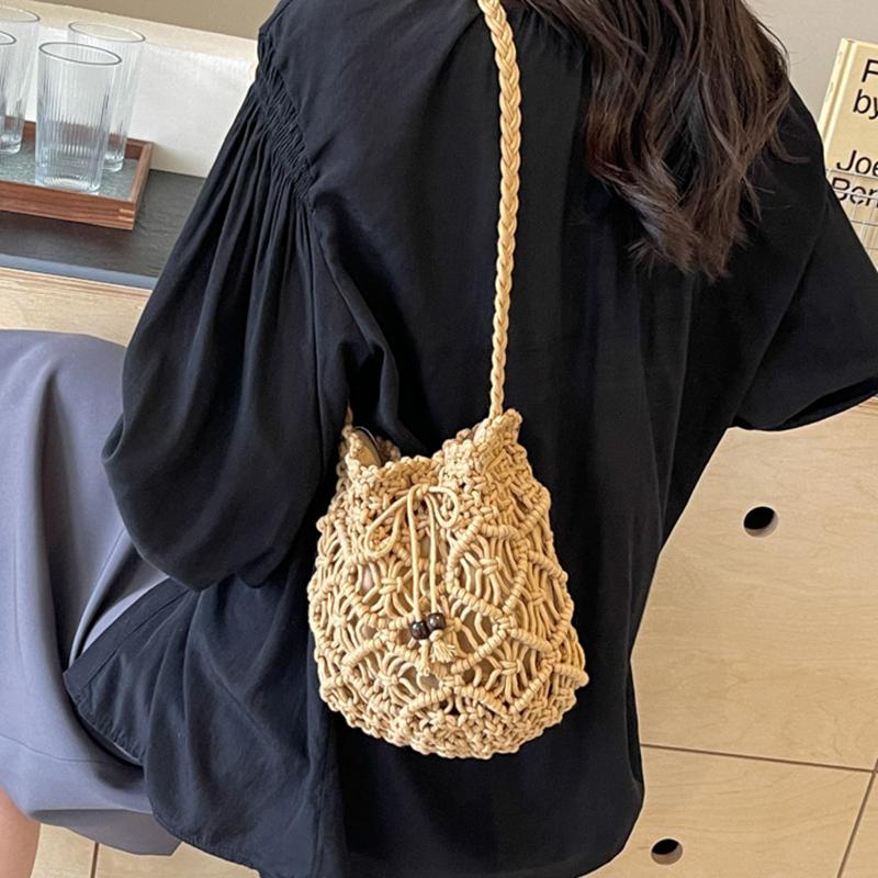 Woven Handbag Fashion Boho Hollow Out Handmade Bucket Crossbody Bag Summer Beach Bag Knitted Phone Pouch