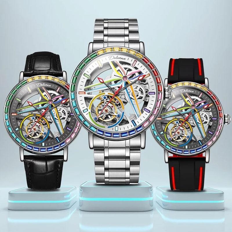 Herrenuhr Topmarke 3ATM Vollstahl Wasserdicht Automatisch Mechanisch Skelett Design Tourbillon Leuchtend Herrenuhr