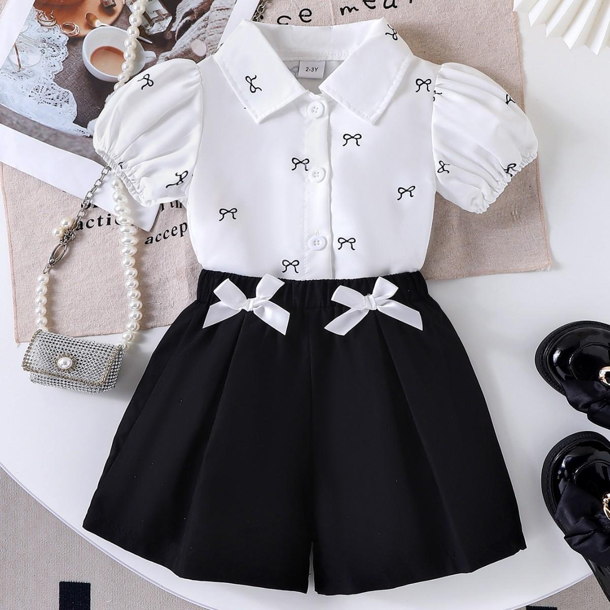 

Модный комплект для девочек, летний детский элегантный топ с короткими рукавами и принтом банта + шорты 7Y белый