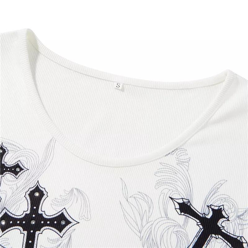 2KWEIRD 2000s Aesthetic T Shirt Graphic Cross Wings Print Long Sleeve Tops Y2k Women Clothes Fairycore Grunge Tee Streetwear