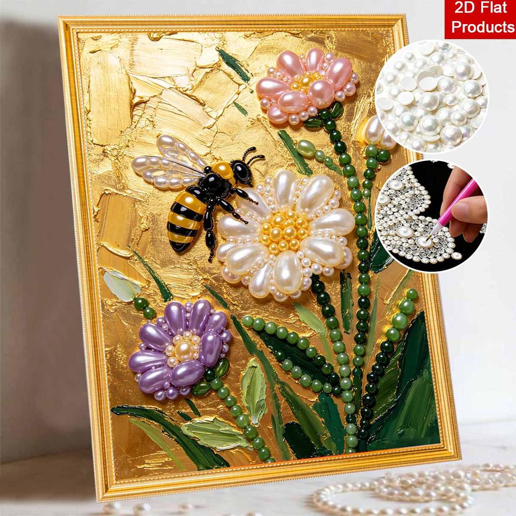 Pearl Painting DIY Kit Bee And Elegant Flower Design Frameless Shiny Bead Canvas Creative Craft For Home Wall Decor Art Project Hobby Supplies