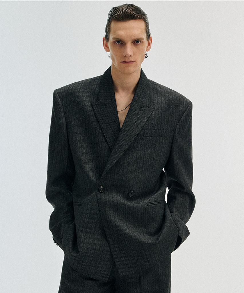 LMOOD Valmont Wool Herringbone Double Blazer Ash Black
