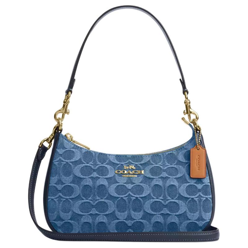 COACH Umhängetasche Teri 24 Klassisches Logo Anhänger Verziert Marken-Presbyopie Abnehmbarer Riemen Reißverschluss Oben Denim und Rindsleder Crossbody Mittel blau