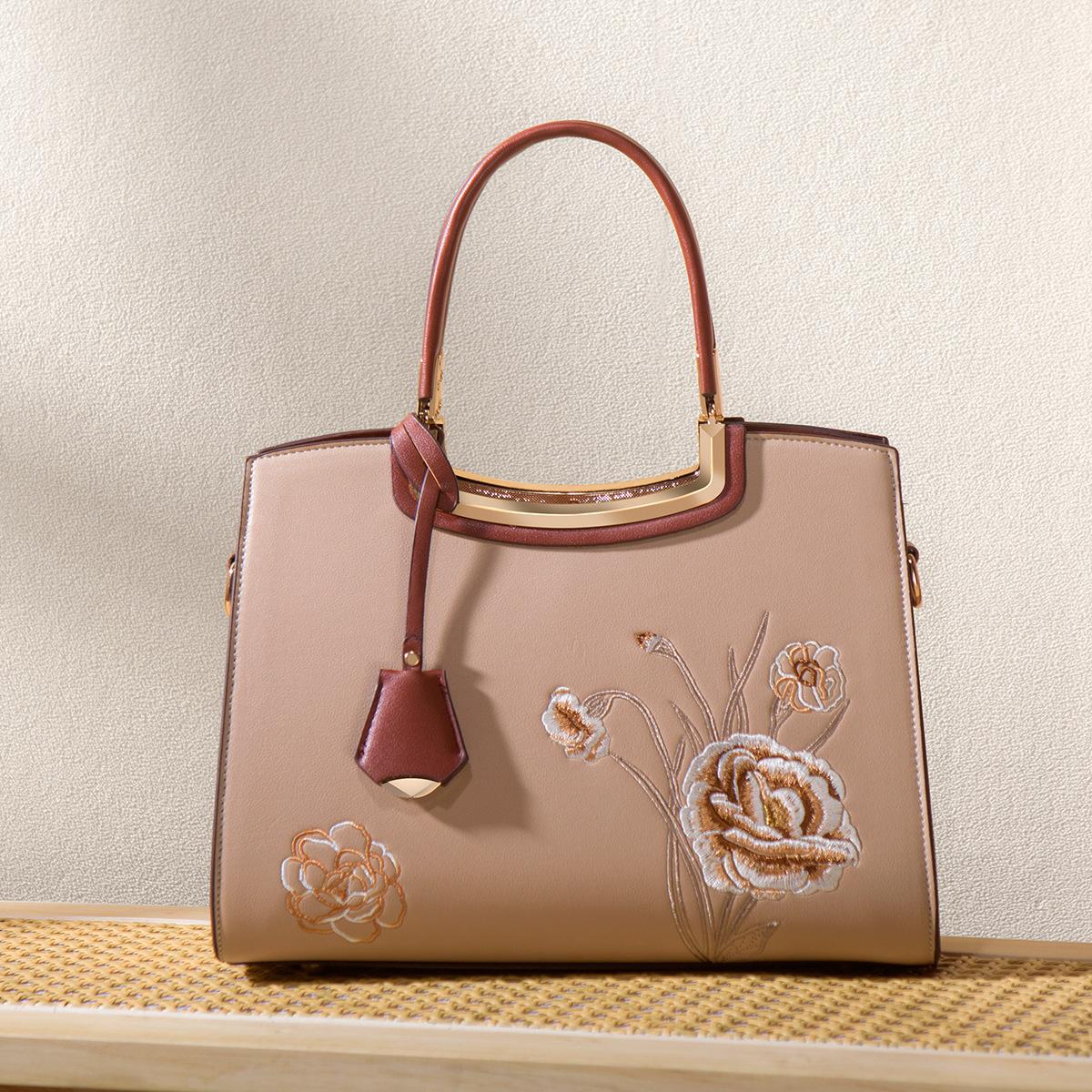 

Mother s Day gift for mom: large-capacity women s bag, 2024 new model, niche high-end embroidered handbag Brown with apricot