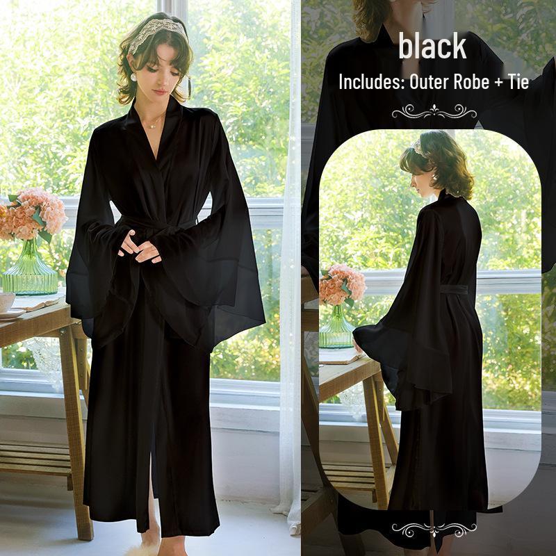 

Роскошный халат с поясом из сатина и рукавами-колоколами - Доступен в красном, черном и белом цветах Small чёрный