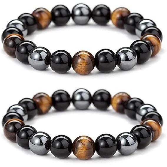 WFJ Obsidian Hämatit Dreifachschutz Armbänder Set - Tigerauge Perlen Natürlicher Stein Armband für Männer Frauen Edelstein (10 MM)