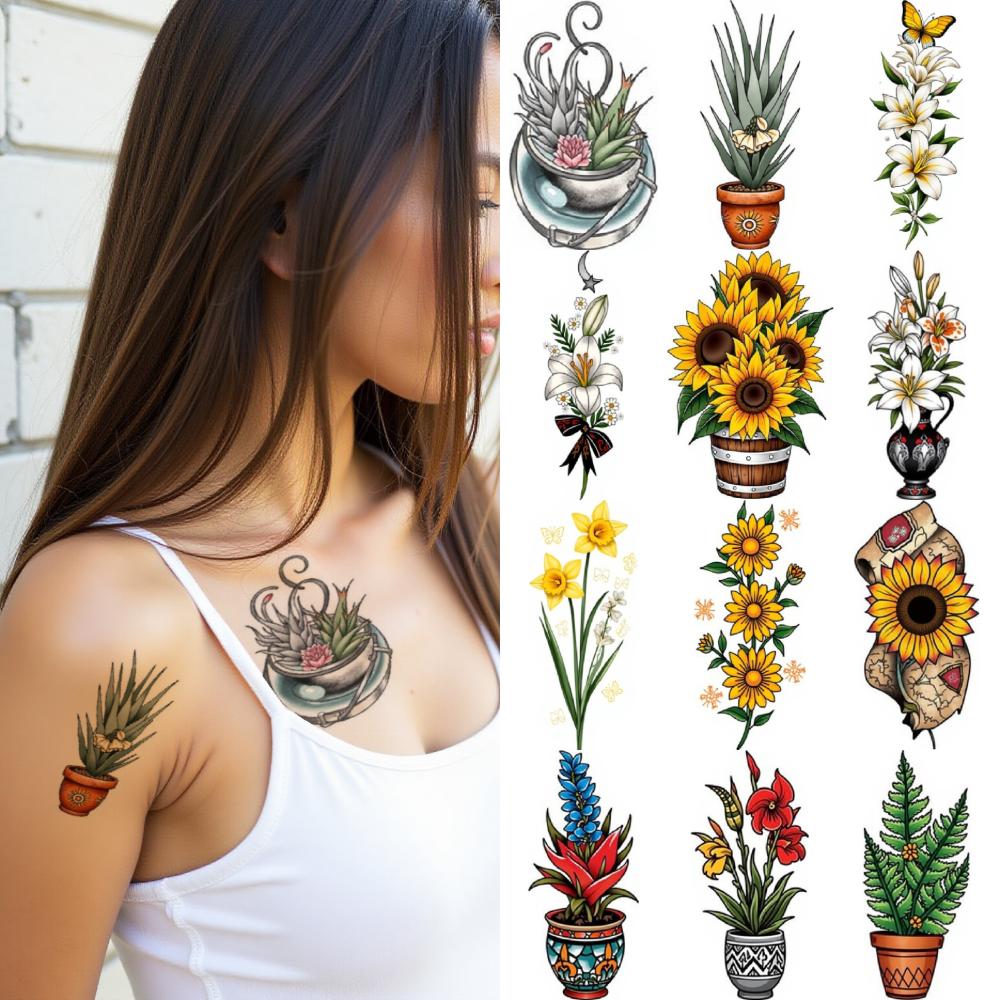 28pcs Temporary Tattoo Temporary Tattoo Stickers Potted Ferns Sunflower Vase White Lilies For Arms Women Chest