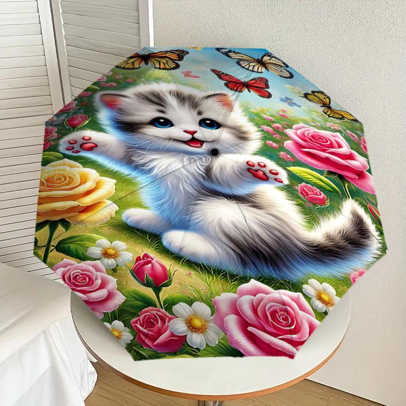 1PC cat flowers Automatic Open/Close Umbrella with Windproof, 8-Rib Sturdy Canopy, Durable Ribs, Fashionable Design, Outdoor Accessory, Fun Prin, Holi