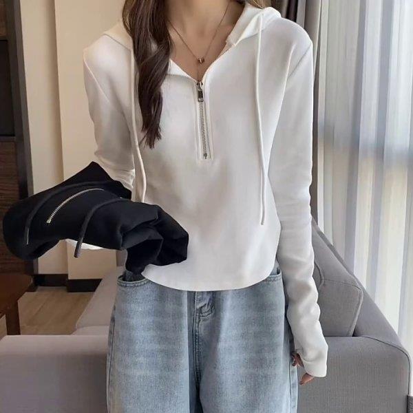Beige Wool Hooded Sweater: Women's Spring & Autumn 2025 Half-Zip Long-Sleeve Top